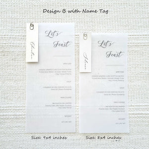 Vellum Menu Card with Place Card | Font and Size Customisation