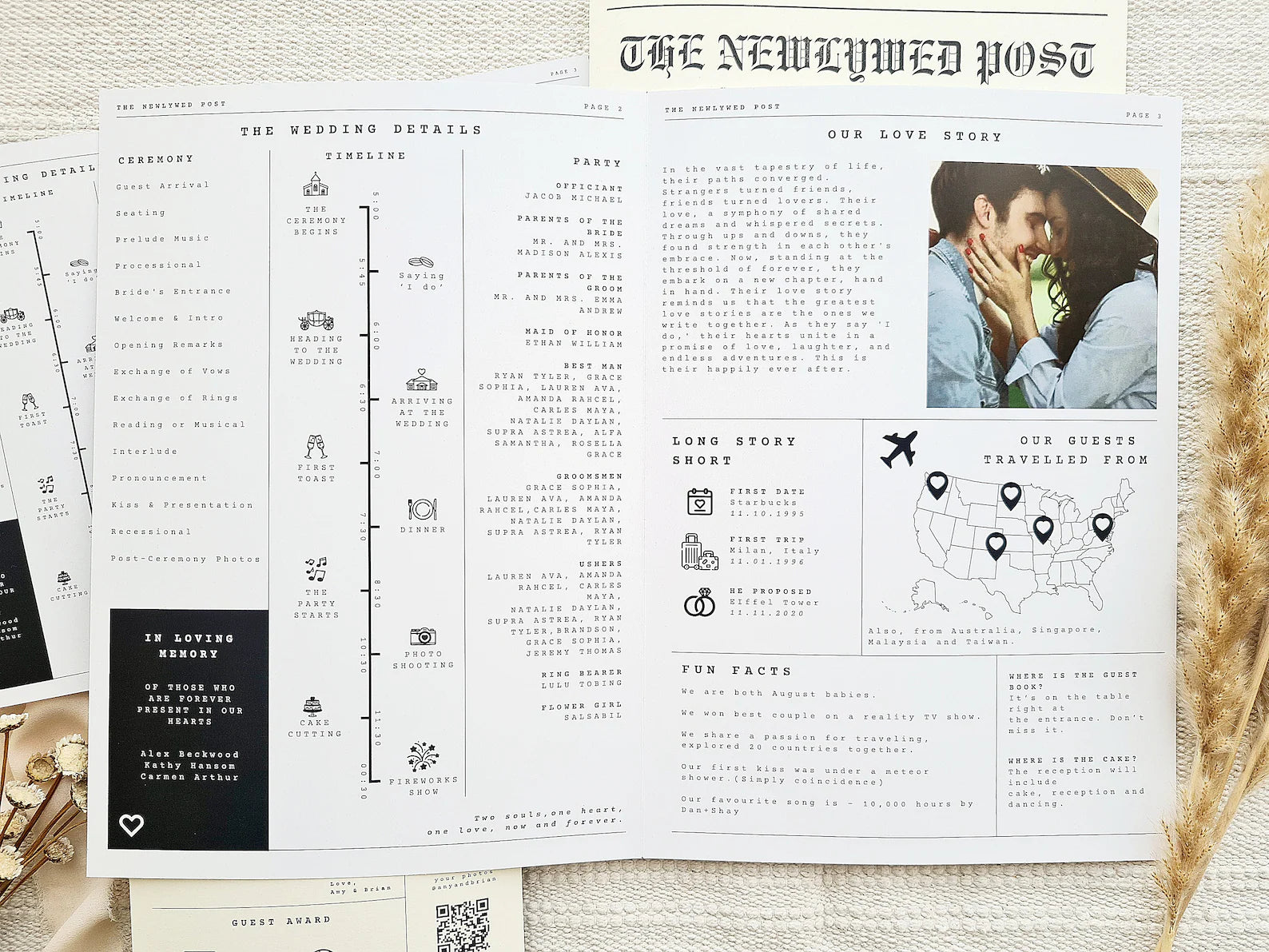 Feature Your Wedding Itinerary with Art in Card's Newspaper Wedding Program