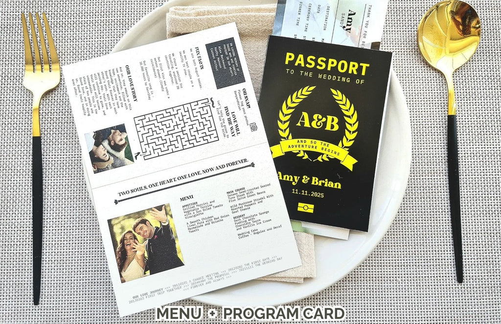Passport Style Wedding Program and Menu Card Combo