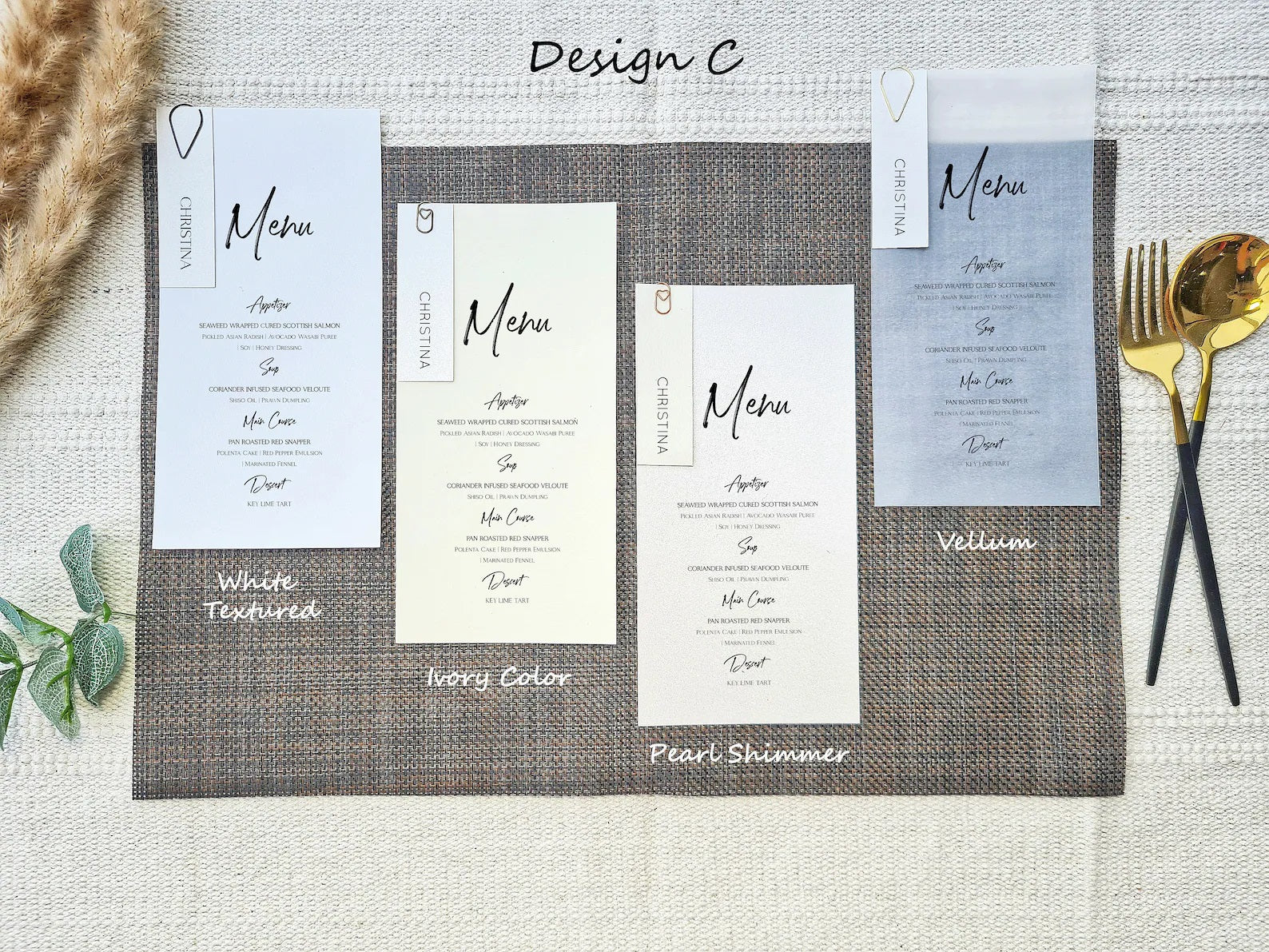White Textured, Ivory, Pearl Shimmer or Vellum Menu Card Designs