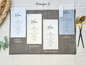 White Textured, Ivory, Pearl Shimmer or Vellum Menu Card Designs