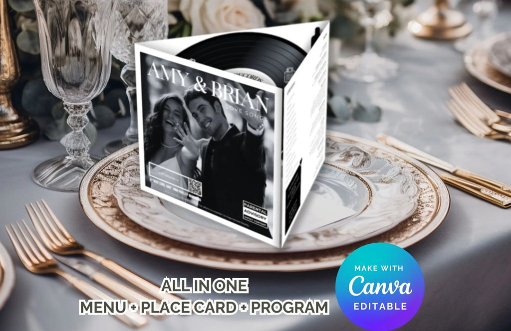 CD Cover Menu Card, Place Card and Wedding Program Combo