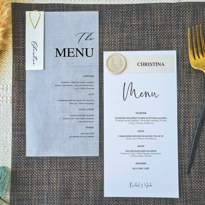 Menu Card with Place Card | Paper Clip or Wax Seal Wedding Accessory