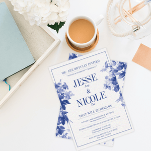 blue floral leafy themed bilingual wedding invitation card malaysia