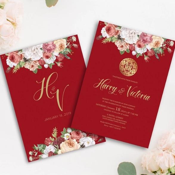 burgundy floral chinese bilingual wedding invitation card malaysia