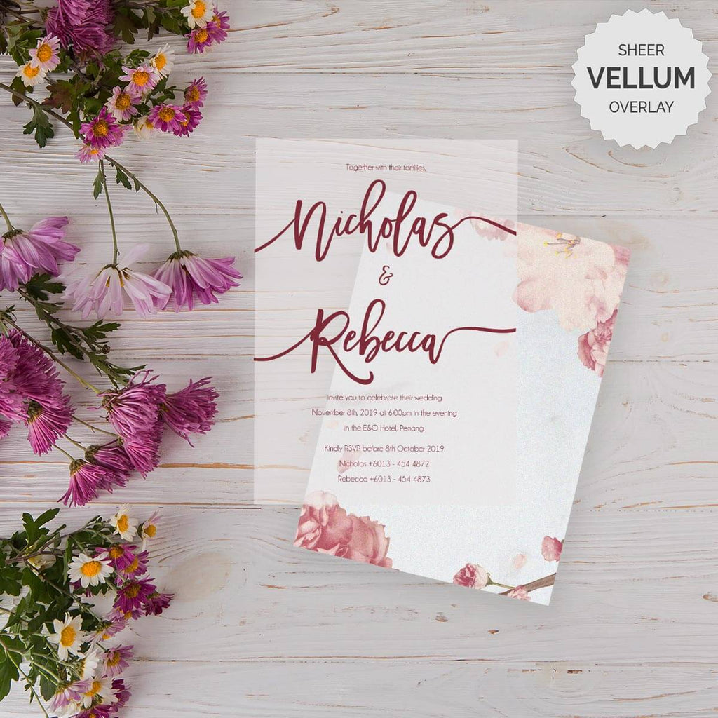 burgundy floral vellum wedding invitation card malaysia